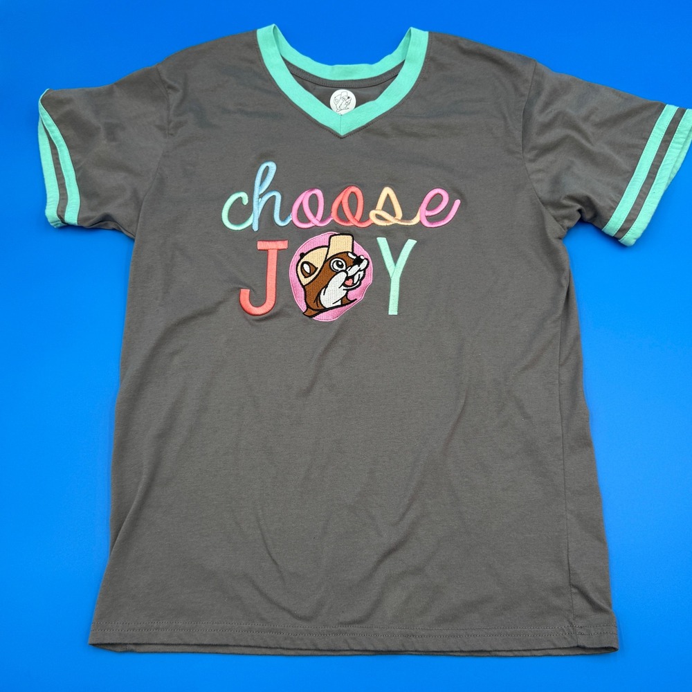 Buc-ee's Choose Joy Gray T-Shirt V-Neck‎ Short Sleeve Women's Small